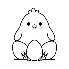 Easter chick and eggs line art illustration. A simple black and white drawing for holiday coloring activities and crafts. © Lili