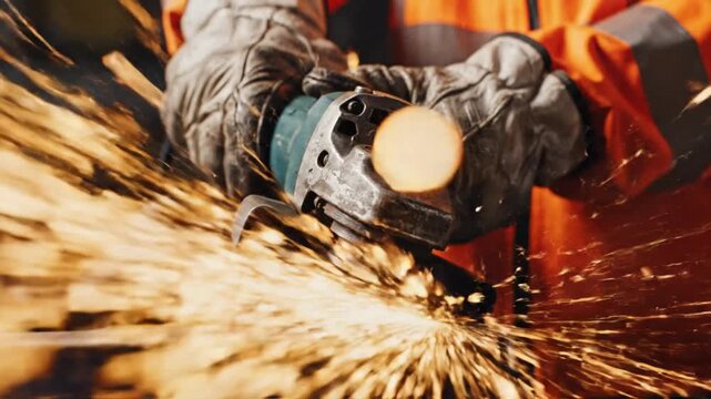 Person in protective gloves and orange vest using an angle grinder generating a dense shower of bright sparks during metal cutting