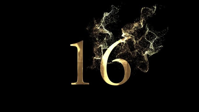 Golden number 16 from particles, numbering, sixteen, golden numbers, alpha channel, numerology, beautiful golden numbers with particles on a transparent background