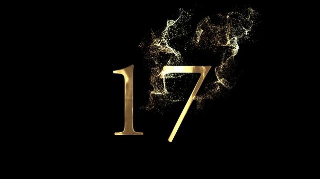 Golden number 17 from particles, numbering, seventeen, golden numbers, alpha channel, numerology, beautiful golden numbers with particles on a transparent background