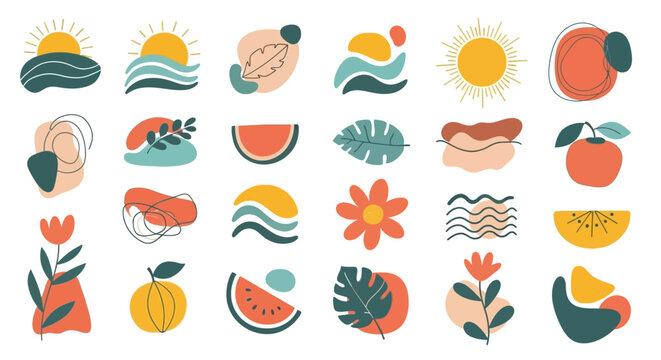 Abstract Summer Shapes, Fruits, Flowers, Sun, Waves, Leaves - Vector Set