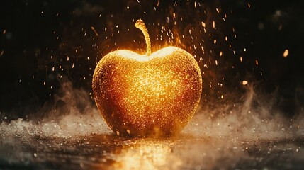 Obraz premium Luxurious glowing golden apple surrounded by sparkling mist and ambient dark backdrop