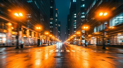 Fototapeta premium Bustling City Street at Night with Vibrant Streetlights and Reflections