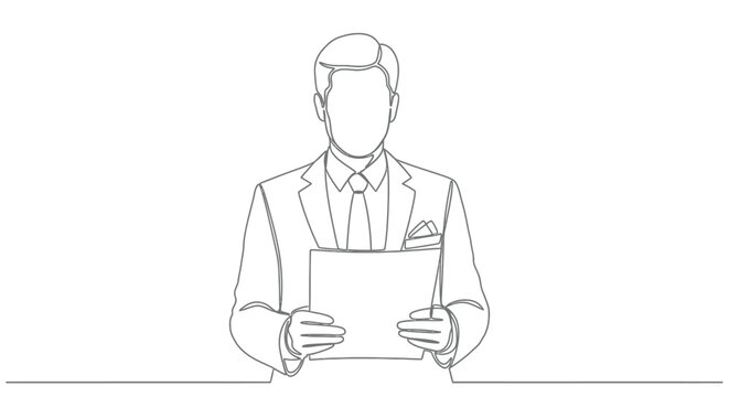 Man in suit holding document, presenting, continuous line drawing