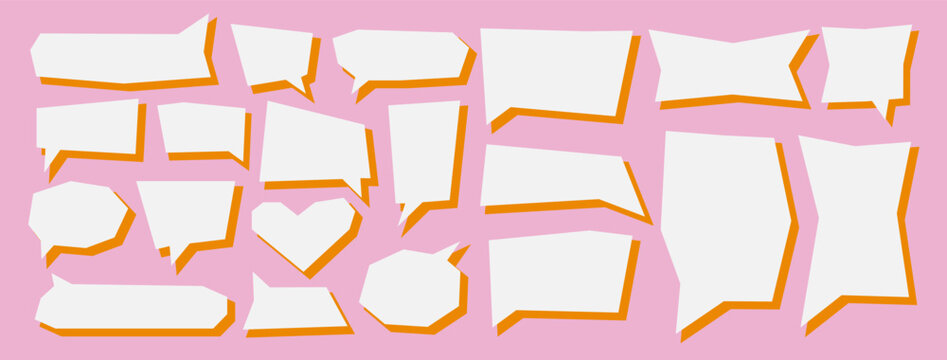 Flat geometric hand drawn text box, cool speech bubble in retro groovy style. Fun, playful design element for collage, banner, social media graphics. Isolated vector on pink background EPS10