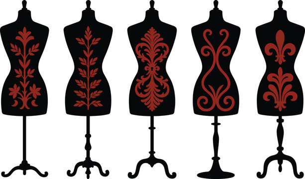 Corset mannequin silhouettes with red ornamental floral patterns elegant fashion display dress form vector illustration set luxury tailoring decor collection