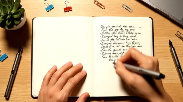 Hand Writing in Notebook on Desk.