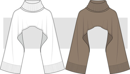 Women's Shawl sleeves Blouse Fashion Technical Drawing, Illustration. Stylish Poncho Top Vector, Knitted Sweater design,  CAD, Mockup. © gulsenbozkurt