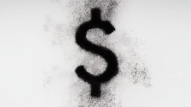 A black dollar sign, formed from dispersed particles, is centered against a white backdrop