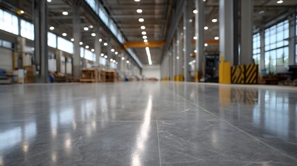 Fototapeta premium Low angle view of a vast clean industrial factory floor with polished concrete reflecting ceiling lights
