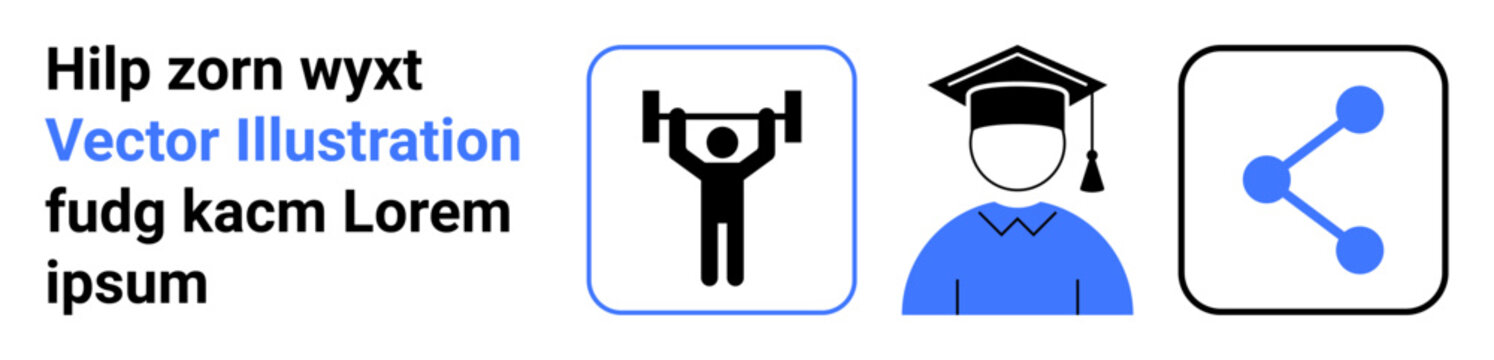 Education, fitness, networking, achievement, academic success, social sharing. Visual icons include weightlifting, a student with a graduation cap and connected dots. Education and fitness visual
