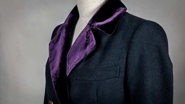 Stylish medium shot featuring a womens coat with rich velvet collar and cuffs showcasing the deep color contrast and plush material for a sophisticated look.