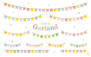 水彩風　かわいい旗の飾りセット　ベクター