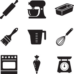 Professional Baker and Pastry Chef Tools Icon Set for Culinary Arts and Bakery Kitchen Equipment