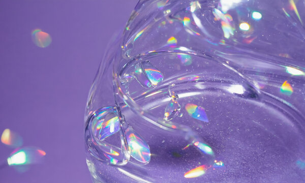 Transparent soap bubbles floating gracefully against a vibrant purple background, reflecting colorful light and creating a dreamy atmosphere of whimsy and playfulness. Copy space