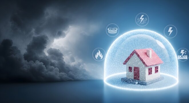 A small house is protected by a glowing dome against dark storm clouds and lightning, symbolizing home insurance and disaster protection.