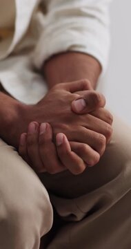 Mental health, hands and anxiety for therapy appointment, closeup or waiting for trauma consultation. Clinic, nervous and person with depression, psychology and worry for counseling session or stress