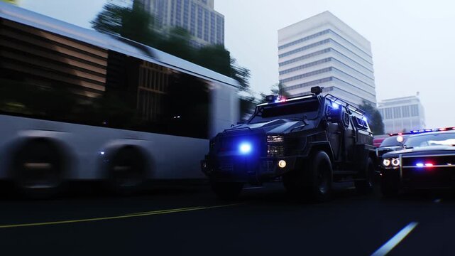 An swat police driving fast on a city street. Realistic 4k animation.