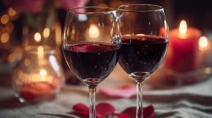 Romantic evening with red wine and candles. Two glasses of red wine clinking together, with candles in the background creating a romantic atmosphere for a valentine's day celebration.
