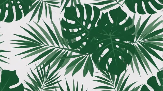 Overlapping dark green monstera and palm leaves on a white background