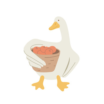 Cute goose holding a harvest basket with ripe apples. Funny kids charackter for autumn festivals, organic farming, healthy food packaging, and nursery decor. Isolated on white.