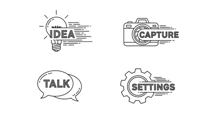 Obraz premium Set of four icons: light bulb with 'idea', camera with 'capture', speech bubbles with 'talk', gear with 'settings'