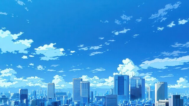 広大な青空と都市スカイラインの明るい風景イラスト素材