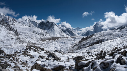 A Stunning Panoramic View of Snowy Himalayas: Mighty Khumbu Glacier on Trail to Everest Base Camp. Nepal