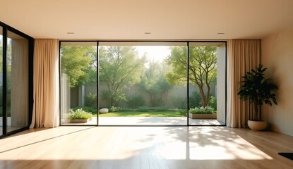 Fototapeta premium ​Empty modern minimalist living room with large panoramic windows: luxury interior design featuring natural light, wooden floors, and a view of a lush green garden.