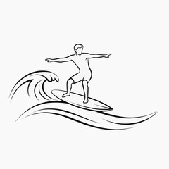 Fototapeta premium Male surfer riding a wave in minimalist line art style 