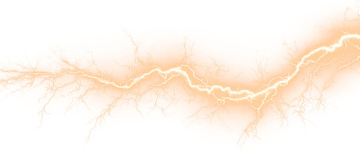 Bright orange lightning arcs fork across clouds with electric energy. Sparks radiate dynamically in chaotic bursts. PNG overlay perfect for digital compositions. © dedstock