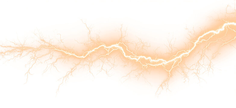 Bright orange lightning arcs fork across clouds with electric energy. Sparks radiate dynamically in chaotic bursts. PNG overlay perfect for digital compositions.