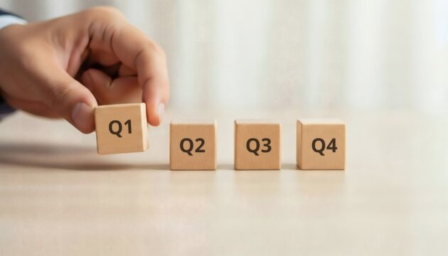 Strategic Goal Setting, wooden blocks in a horizontal row with quarterly targets Q1 Q2 Q3 Q4, business planning timeline and corporate performance roadmap.
