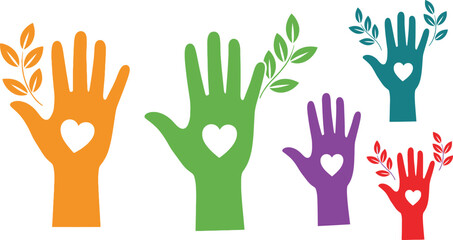 Fototapeta premium Colorful hand silhouettes with heart shapes and leaves, charity and community support icons, environmental care and volunteerism vector set