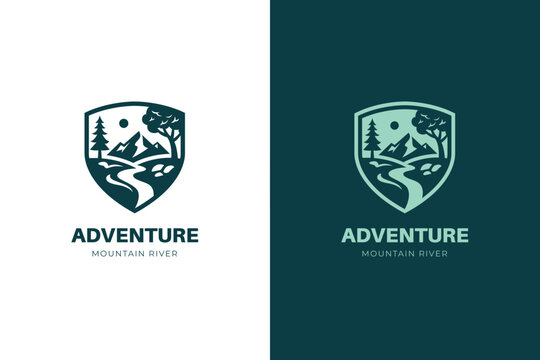 Shield Mountaingraphic, River Adventure Logo Icon Design. Abstract Outdoor Landscape Concept Symbol for Camping Travel, Hiking Trip, Nature Park, and Wilderness Identity