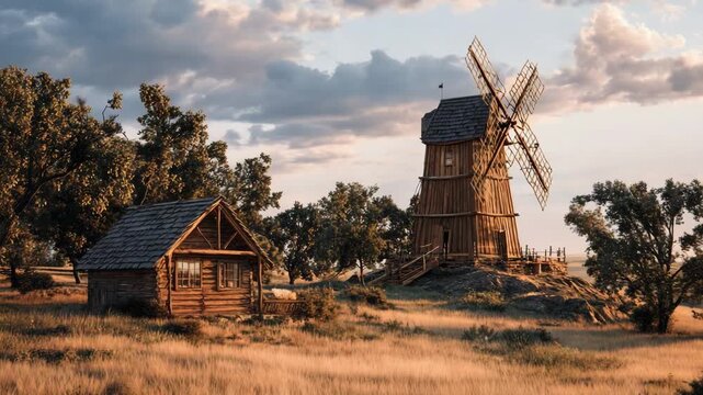 Wooden windmill and rustic cabin in golden field during sunset  