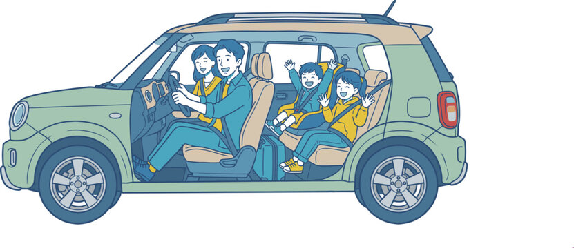 家族4人でドライブする車の側面カットイラスト 安全運転とファミリー移動イメージ