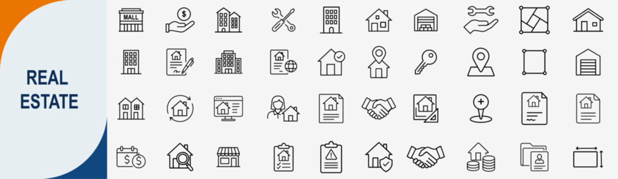 Real estate and property icons set, line symbols for house building mortgage home rental and agency vector illustration