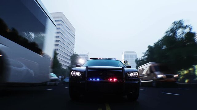 An police driving fast on a city street. Realistic 4k animation.