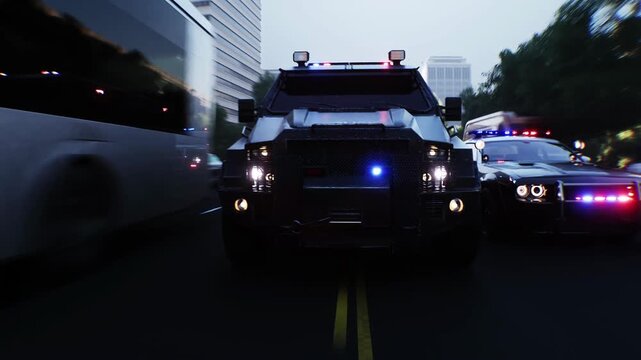 An swat police driving fast on a city street. Realistic 4k animation.