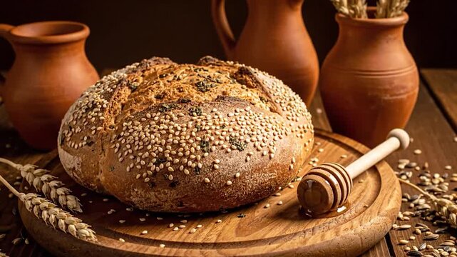 Close up of a loaf of bread topped with sesame seeds. Includes a honey dipper and clay pots