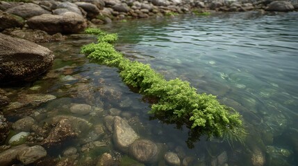 Clear shallow water reveals lush green algae growing along a rocky coastline