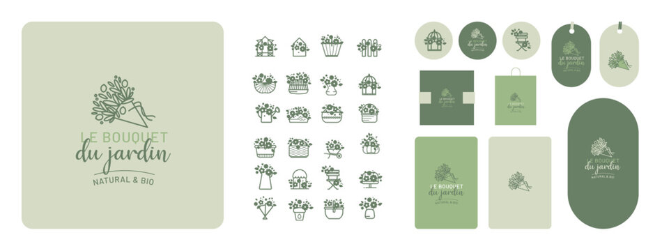 image de marque, logo, embl&egrave;me, enseigne pour artisan fleuriste, cr&eacute;ateur de bouquet, jardinerie, p&eacute;pini&eacute;riste, atelier v&eacute;g&eacute;tal, vendeur ambulant, plantes de saisons, local, biologique, botanique