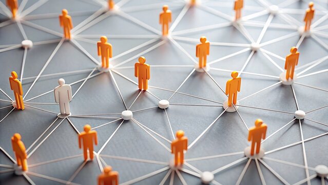 A network of connected people standing on a web of lines and nodes