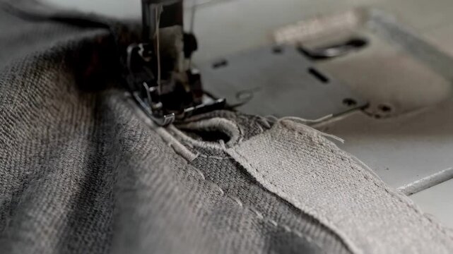 Closeup of a sewing machine stitching a precise keyhole buttonhole on durable fabric highlighting mechanical efficiency and consistent craftsmanship in garment construction.