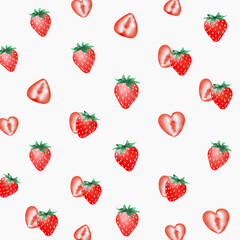 いちごとカット苺のシームレスパターン背景（ホワイト）ー 丸みのある苺とカット苺をリズミカルに配置した、明るく清潔感のあるシームレスパターン。商品パッケージ、ポスター、ポストカード、ノートの表紙、シール帳、背景素材、マスキングシールブックタイプ、フレークシール、苺スイーツの販促など幅広く使える背景素材です。