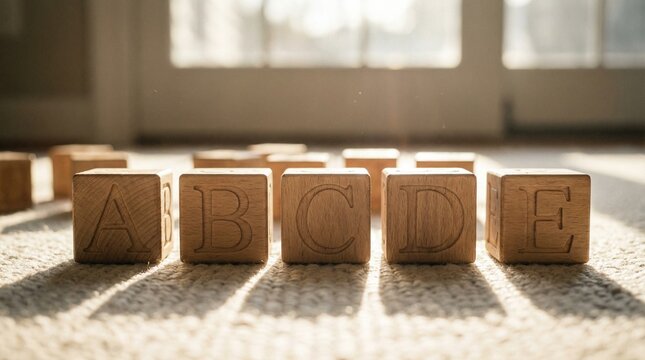 Wooden alphabet blocks arranged on carpet in sunlight for Children&rsquo;s Day  