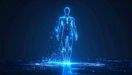 Glowing blue human-like figure walking forward in dark futuristic space, radiant light trails and energy streams surrounding, digital motion and metaphysical power.