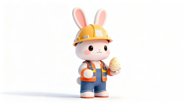 Cute 3D cartoon Easter bunny construction worker holding an egg isolated on white background. Clean minimal mascot with soft shadow.