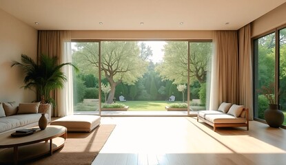 Fototapeta premium Luxury minimalist living room interior with open panoramic glass doors: bright modern home design featuring a lush green garden view, stylish furniture, and natural sunlight.